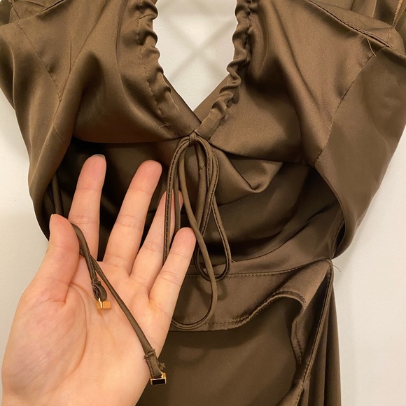 Revival Slip Dress Chocolate Brown Satin w/ Tie Back Sz S - Picture 7 of 14